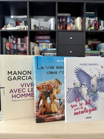 Trois livres devant une bibliothèque