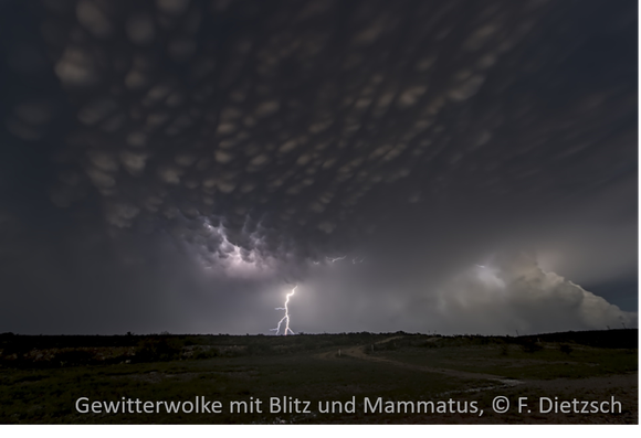 Im Hintergrund Gewitterwolke mit Blitz. Im Vordergrund Mammatuswolken. Quelle: F. Dietzsch