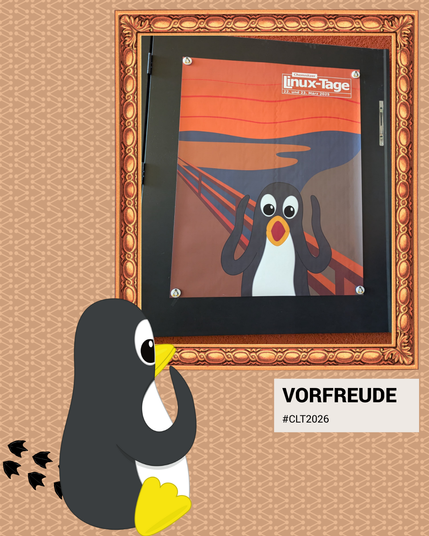 Tux, wie er sich ein Gemälde von sich selbst anschaut.