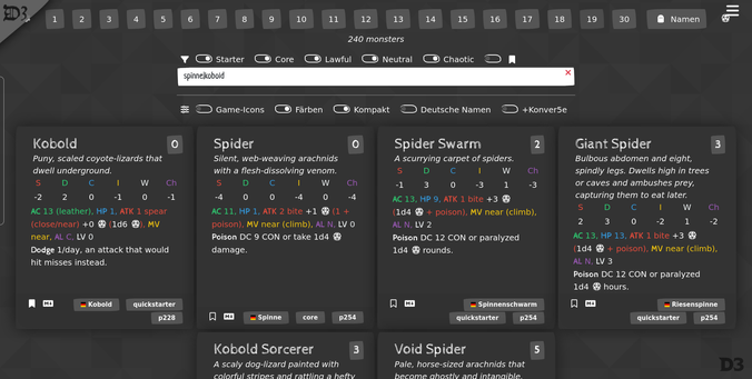 Das Bild zeigt eine digitale Übersicht von Charakterkarten aus dem Rollenspiel „Shadowdark“. Die Karten sind in einem dunklen, thematischen Design gestaltet und enthalten Informationen über verschiedene Monster und Charaktere. 

Die Karten sind in vier Spalten angeordnet, jede mit einem Monster oder Charakter: Kobold, Spider, Spiderswarm, Giant Spider, Kobold Sorcerer, Void Spider.

Bereitgestellt von @altbot, privat und lokal generiert mit Ovis2-8B