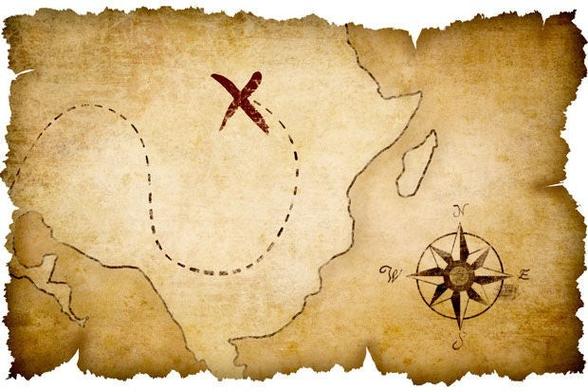 Carte de chasse au trésor en dessin avec un chemin et une croix rouge. On voit aussi une rose des vents en bas à droite.

Les bords de la carte sont déchirés.