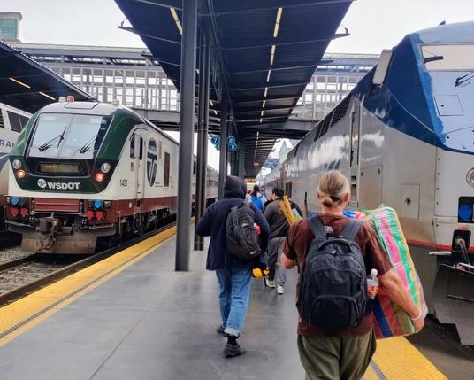 Passengers board Amtrak at King Street Station. Cascades is down to one daily run due to a sudden suspension of Horizon traincars that compose the bulk of its fleet. (Ryan Packer)