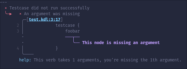 A screenshot of a testcase error. The content is not important. It shows a snippet of the testcase and underlines `foobar` with an annotation saying "this node is missing an argument".