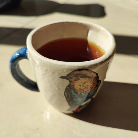 taza con café con diseño de pajaro de riseup.net