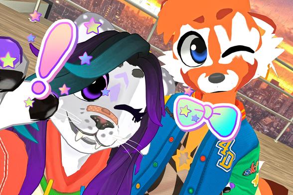 The photo shows two furry characters taking a selfie. One is a white character with purple hair, and the other is an orange character that resembles a red panda. They are both wearing colorful clothing and have whimsical accessories. The background appears to be a cityscape at sunset, viewed from what looks like a high vantage point. The selfie includes cartoonish exclamation points and stars.