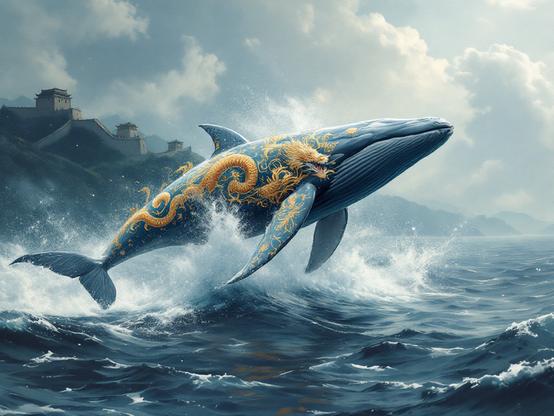 Image générée par l'IA française Mistral et qui rappelle le logo de DeepSeek, une baleine bleue, ici décorée d’un motif doré de dragon.