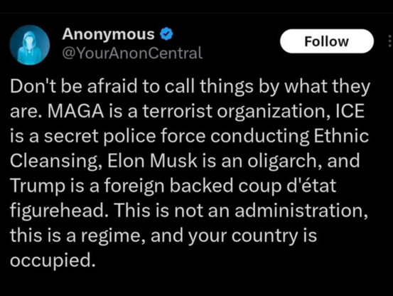 A tweet from an anonymous account expressing strong political opinions about various figures and organizations, labeling them in a controversial manner. The message emphasizes the need to openly discuss perceived threats to democracy and governance.