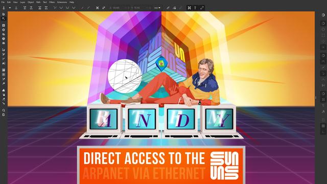 Vector portrait of Andy Berchtoldsheim on top of SUN video terminals