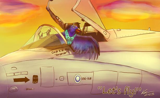 Digital art, an anthro grackle in a F-18 jet beckoning you to fly