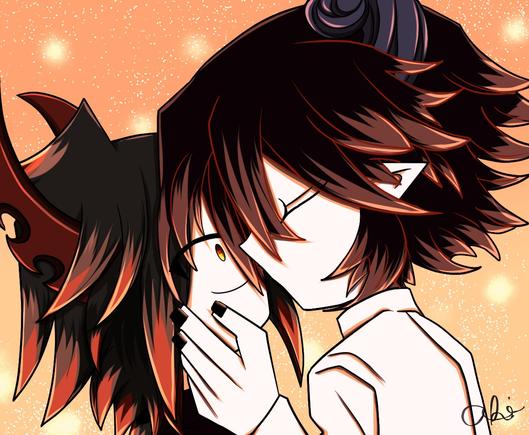Satanick and Ivlis kiss. Peach bg with sparkles.