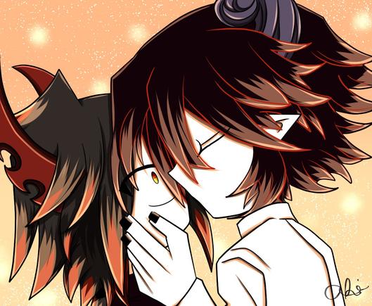 Satanick and Ivlis kiss. Peach bg with sparkles.  No filter.
