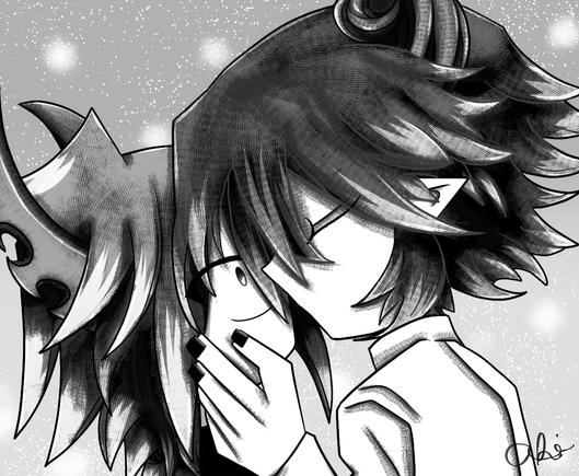 Satanick and Ivlis kiss. Black and white version with hatching shading.