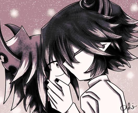 Satanick and Ivlis kiss. Black and white version with hatching shading. Slight purple tint to the piece.