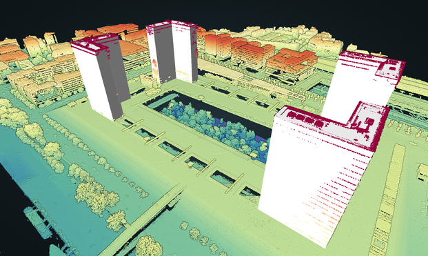 Visualisation 3D de la BNF (site François Mitterrand, anciennement Tolbiac) à partir d'un nuage de point Lidar. Les quatre tours de la BNF sont représentées par des polygones construits automatiquement à partir du nuage de points.