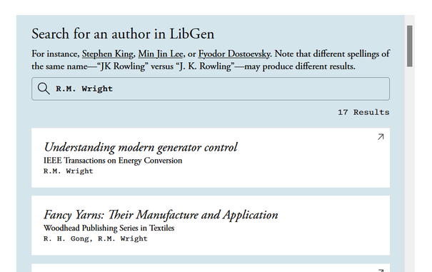 Search of the LibGen database for the author "R.M. Wright" showing that my work on Fancy Yarns is included within it.
