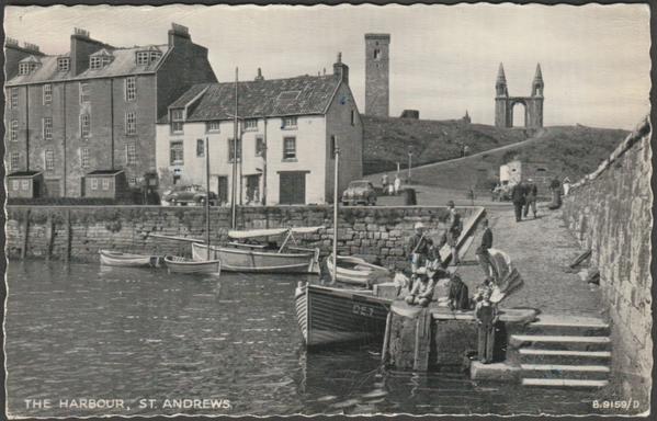 Printed glazed monochrome postcard showing a view of the harbour at St Andrews in Fife.

Published by Valentine & Sons Ltd, Dundee & London, Silveresque Series, No B.9159/D, photo registered in 1954.

Postally used on 30 July 1958 with double circle Leuchars cancellation on lilac 3d British & Commonwealth games stamp and sent to Horsham, Sussex, England.

Good condition, with slight corner bumps, but significant amount of eggshell cracking to glaze, though I would imagine that this is very common for this particular glaze.