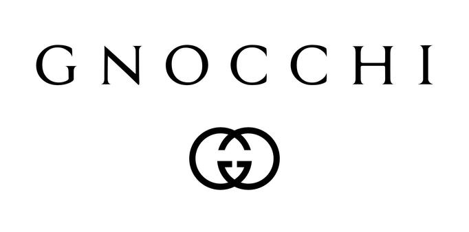 The word "Gnocchi" set in black type on white above the Gucci logo.