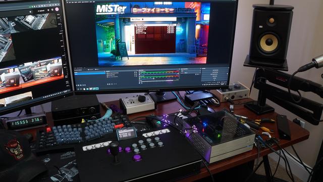 The fightstick plugged into the MiSTer FPGA working perfectly.  The HDMI output from the MiSTer is being shown in OBS in the monitor on the desk.