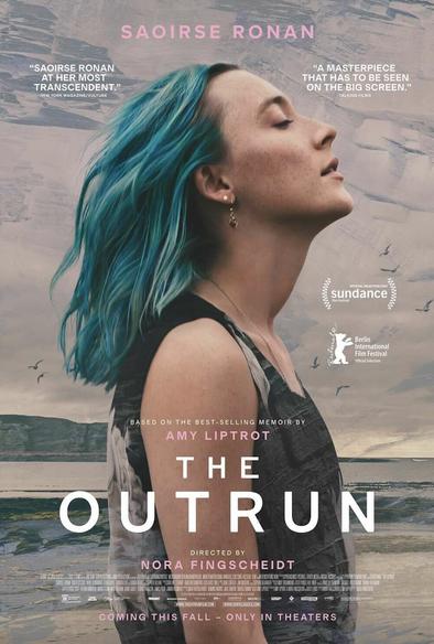 Saoirse Ronan on the poster for The Outrun. She has blue hair and stands in profile with the ocean behind her.