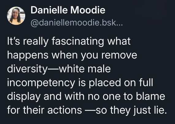 Danielle Moodie
@daniellemoodie.bsk...

It's really fascinating what
happens when you remove
diversity—white male
incompetency is placed on full
display and with no one to blame
for their actions —so they just lie.