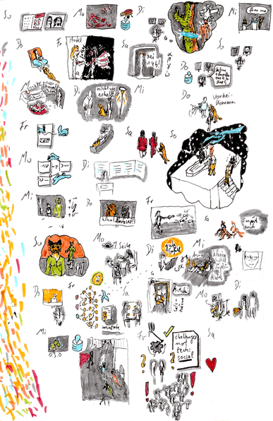 Rough, small sketches in ink with the best experience for almost every day in the timeframe.

The base is lineart in black and gray, often colored with sky blue, grass green, sun orange, or earth yellow as highlight-colors. On the right there is a streak of colors where I clean the pens after they take up black ink.

It starts with showing a document in a telecon telecon and analyzing bug data.

Three are playing roleplaying games by telecon with a scene from the game in a thought bubble.

One is reading to the kids while lying on a red cushion, with a scene from the book in a speech bubble. One is sitting with the kid to build a roleplaying character. One more is two dancing foxes with the words „Empört euch“, one is a kid saying „habe ein gutes Gefühl“.

Three are meeting people on the street, one is walking with my wife and the dog, several are playing videogames (baldur’s gate 3) or watching Anime.

Three are from work, one is a network of yellow dots next to a pile of papers with the word “mutate”.

It ends with sketchnotes: gears with a checkmark, two people talking with a question mark, several groups of people talking with an exclamation mark. Next to it a sheet of paper saying “challenges not tech: social”.

Please take care of yourself. You are worthy of experiencing joy.