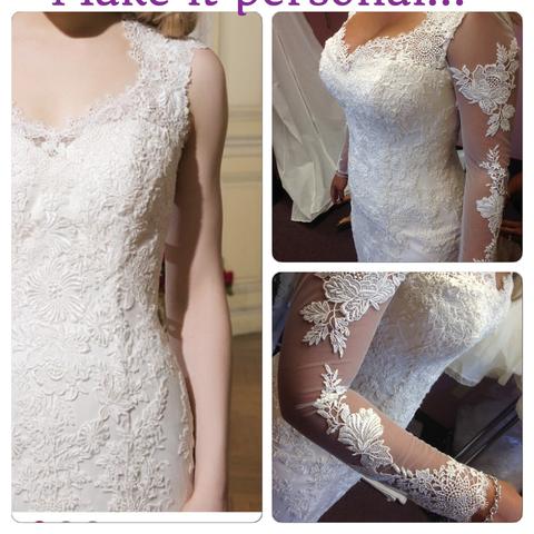 À three photo collage showing À lace sleeveless dress in the left image, top right and lower right show appliqués on mesh sleeves, profile view.