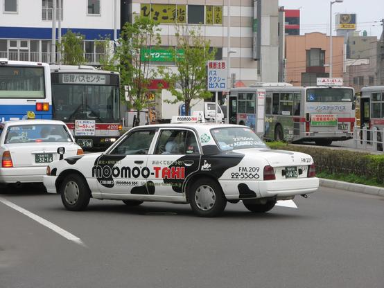 Cow-patterned "moomoo-taxi" cab, Hakodate, Northern Japan, 2008.
