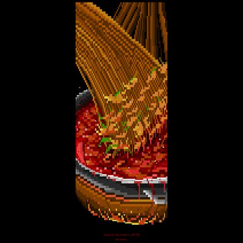 a cascade of slender yellow-brown wooden skewers, like the bristles of a broom, descend, laden with small fragments of uncooked ingredients, into the roiling red oily broth of a hot pot, licked by tongues of flame below.