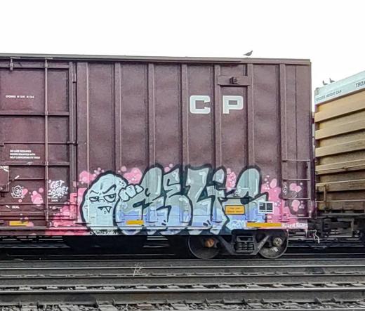Train car with graffiti rolling through Kamloops BC Canada