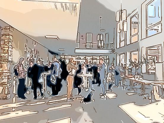 Conference break. People talking and drinking coffee. Presented in graphic style