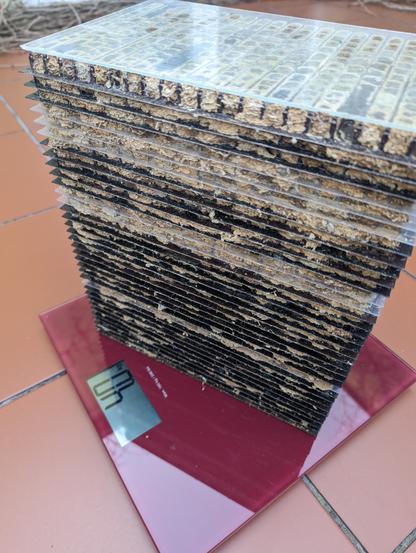 Zdjęcie siedliska murarek, które stoi na wadze. Widok od góry, waga pokazuje 4 kilogramy.