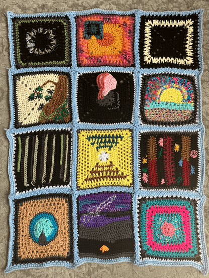 A colorful crocheted panel of twelve squares arranged in a 3x4 grid; the squares resemble or are otherwise inspired by book covers as seen in the second photo.
