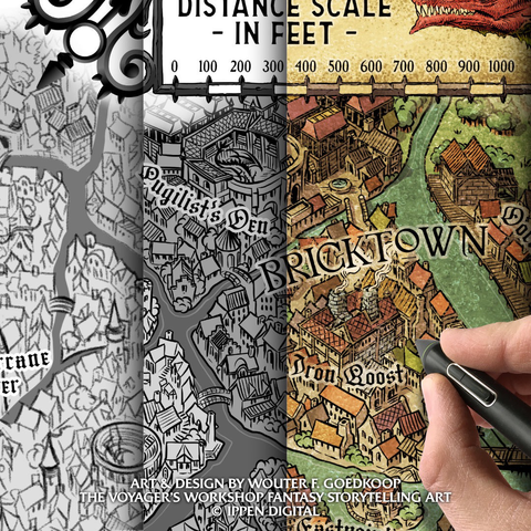 A split closeup image showing the three stage illustration process: sketching, inking and colouring.