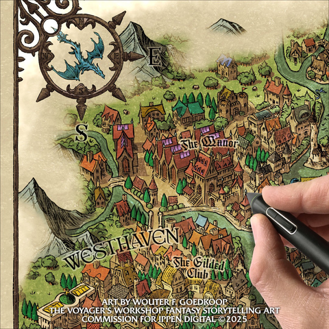 Closeup of the top left corner of the map with a blue dragon in the Center of the compass rose.