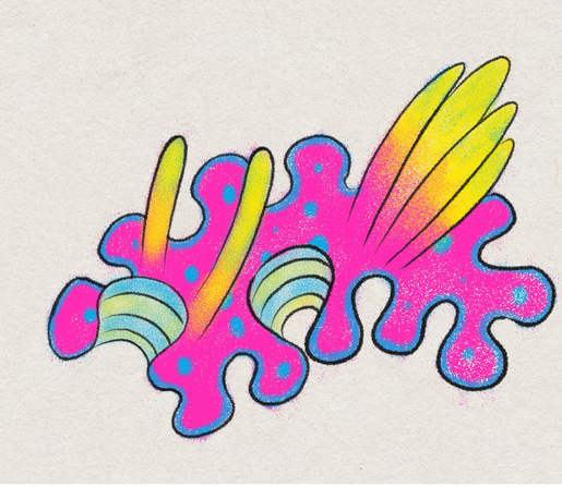 Drawing of a nudibranch, mainly bright pink, with yellow protuberances and blue spots.
