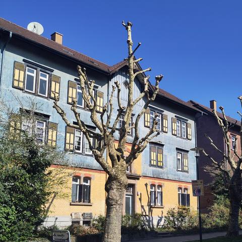 An old house with a blue wooden  facade in a rural German town.