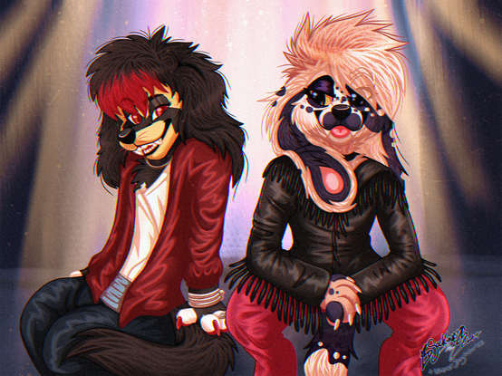 A drawing of two anthropomorphic spaniel dogs sitting next to each other. On the left is a male spaniel, wearing a shiny red shirt and leather pants, smiling with a cocky grin. On the right is a female spaniel wearing a leather jacket with fringe and shiny red pants, hands together, and she's looking at the male spaniel with a blep smile. The background appears to be a stage with bright stage lighting.