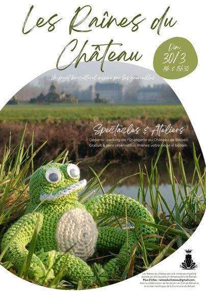 Affiche représentant une grenouille verte au ventre blanc, fabriquée au #crochet, dans l'herbe au bord de l'eau. Flou en arrière plan, on peut deviner le château de Beloeil et son parc.
Le texte : 
"Les Raînes du Château. 
Dim. 30/3 14 & 15h30
Un projet bio-culturel inspiré par les grenouilles.
Spectacles et Ateliers
Départs : parking de I'Orangerie du Châteeau de Beloeil. Gratuit & sans réservation. Prenez votre Siege si besoin.
Les Raines du chateau est une initiative citoyenne portée par les Sauveteurs de batraciens de Beloeil. Plus d'infos : rainesduchateau@gmail.com.
Avec la collaboration de I'école Arc-en-Ciel de Beloeil et le soutien technique de la Commune de Beloeil"