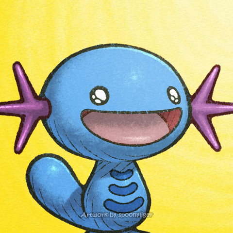 Digitally-handmade fanart profile picture of a female Wooper Pokémon facing forward towards the right side of the image at a 3/4 angle with a pleasantly amazed expression, on a yellow gradient background.