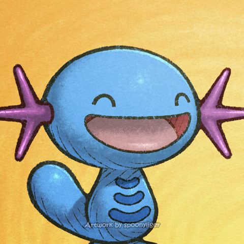 Digitally-handmade fanart profile picture of a female Wooper Pokémon facing forward towards the right side of the image at a 3/4 angle with a happy facial expression, on an orange gradient background.