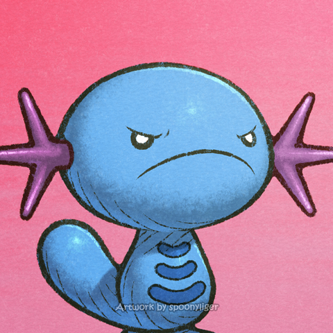 Digitally-handmade fanart profile picture of a female Wooper Pokémon facing forward towards the right side of the image at a 3/4 angle with a mad facial expression, on a magenta gradient background.