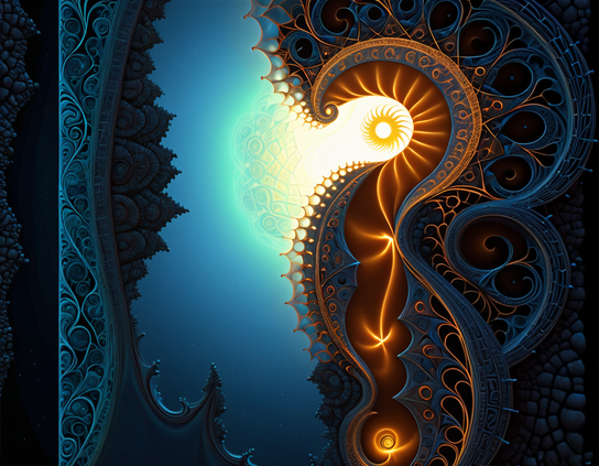 The sun, as seen through the fractal-themed teal, glass, and copper decorative roof of a futuristic undersea resort.