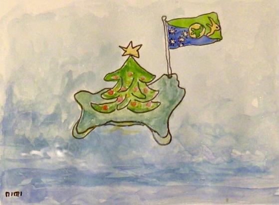 Zeichnung. Aquarell. Eine kleine Insel im Meer, auf der einzig ein großer Weihnachtsbaum, mit Stern auf der Spitze und roten Kugeln, steht. Rechts von diesem, an einem Inselzipfel, steht eine große Flagge der politisch zu Australien gehörenden Weihnachtsinsel.