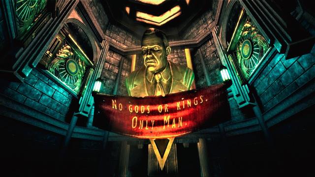 "NO GODS OR KINGS, ONLY MAN" is inscribed across a banner before a statue of Andrew Ryan, the founder of Rapture.