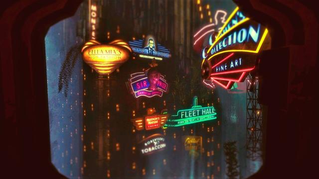 Neon signs and art deco architecture illuminate the underwater city of Rapture.