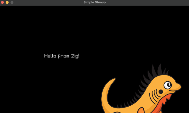 A screenshot of a window which says, rendered in the distinctive RayLib default font, "Hello from Zig!" and has an image of ziggy the ziguana in the bottom right corner.