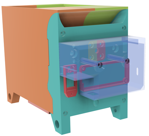 A CAD rendering of the dehumidifier housing.  The mentioned components are shown.