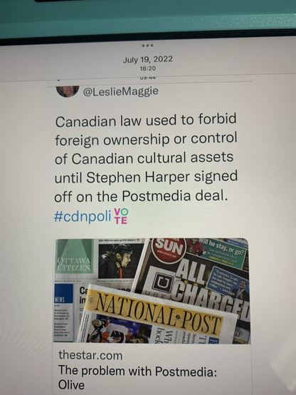 Canadian law used to forbid foreign ownership or control of Canadian cultural assets until Stephen Harper signed off on the postmedia deal.