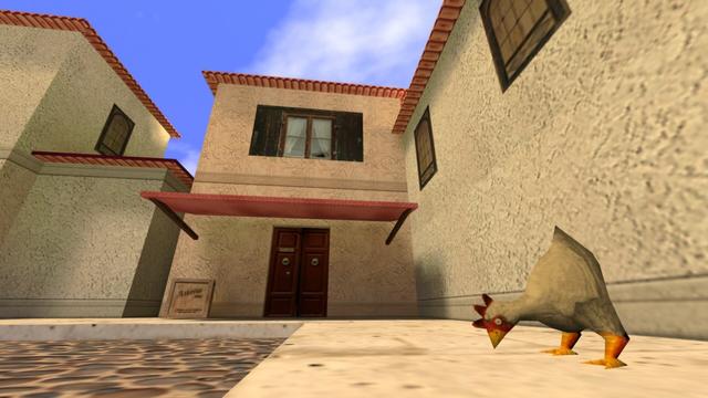 It's pretty much the same picture as before. Only the chicken has a different position. It picks the soil for food. This is on the map cs_italy in the game Counter-Strike 1.6.