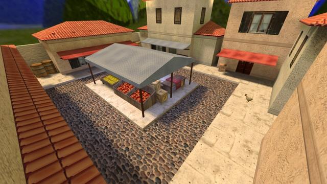 In this picture you can see the market square from an elevated position. On the right you can see the house with the awning and the small wooden box, a little further in front of the house is the chicken. In the middle is the market square with all things. Among them fruits / vegetables, carpets and more. The market square is surrounded by houses that are sometimes larger and sometimes smaller. On the left you can still see barrels in a small alley. This is on the map cs_italy in the game Counter-Strike 1.6.